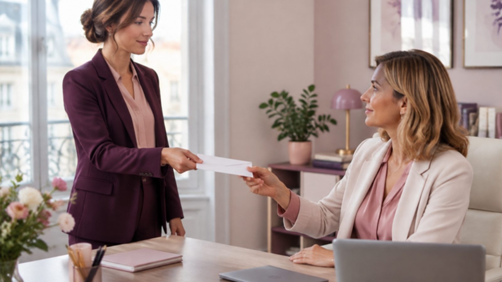 Une salariée remet sa lettre de démission en main propre à sa responsable, point de départ de son préavis