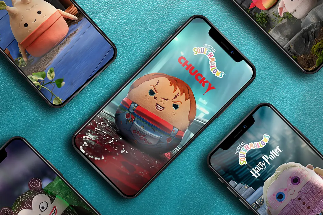 Squishmallows licensed characters displayed on smartphone screens including Chucky and Harry Potter