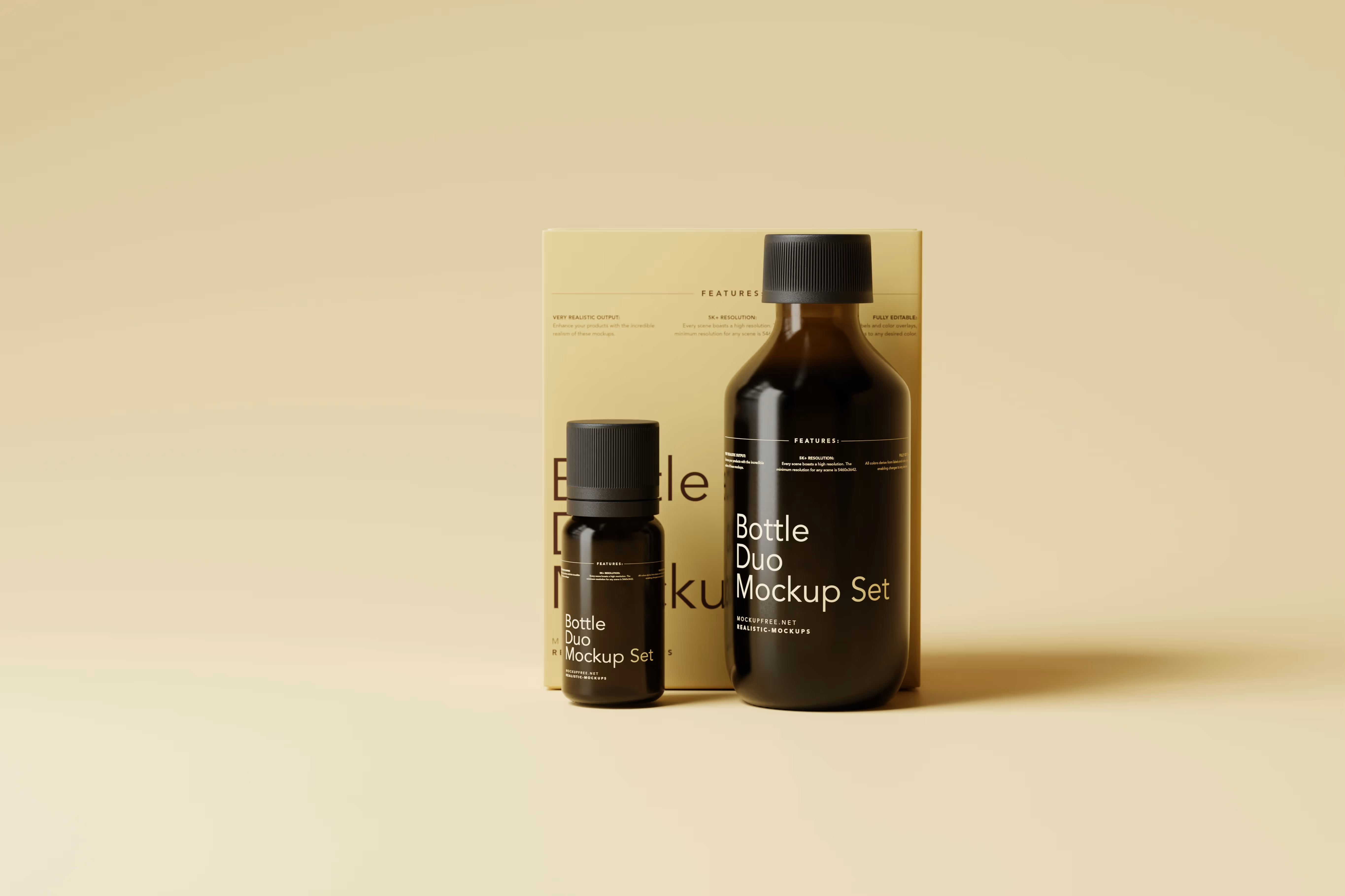 To mørke brune flasker i forskellig størrelse med etiketten 'Bottle Duo Mockup Set' foran en matchende beige æske.