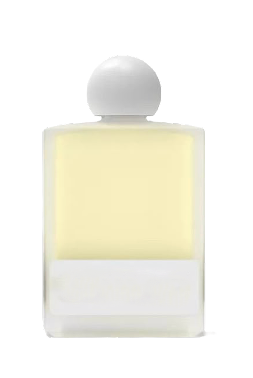 Flaske med lysegul parfumeflydning og hvid rund hætte.