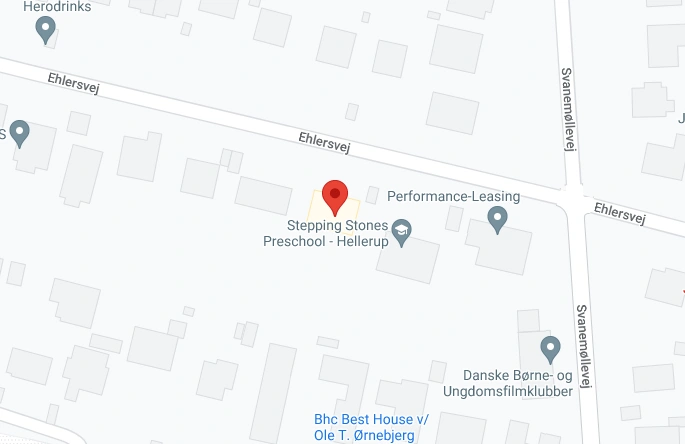 Google Maps view of a neighborhood showing Stepping Stones Preschool - Hellerup on Ehlersvej near Svanemøllevej with marker pins for nearby locations.