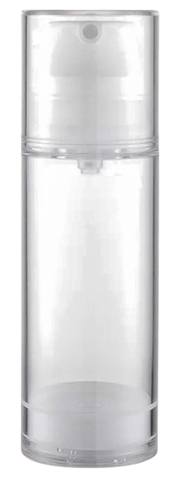 Gennemsigtig plastflaske med pumpe og låg til væske eller creme.