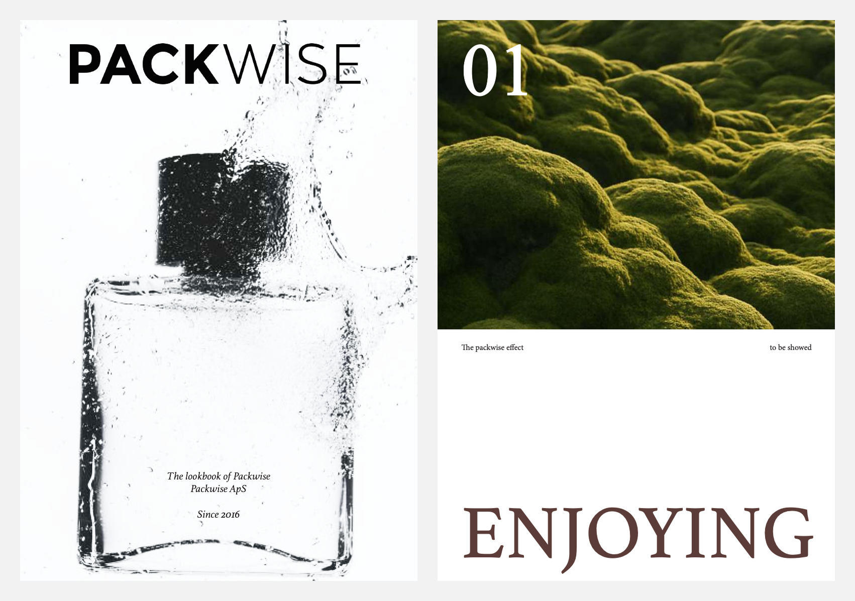 Forside med sort og hvid flaske indhyllet i vand og side med grøn mos og ordet ENJOYING.