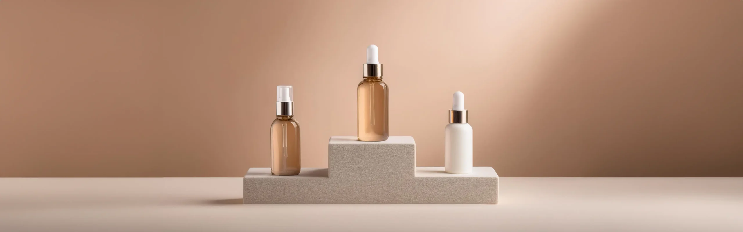 Tre flasker med pipette og sprayflaske på et beige podie mod en brun baggrund.