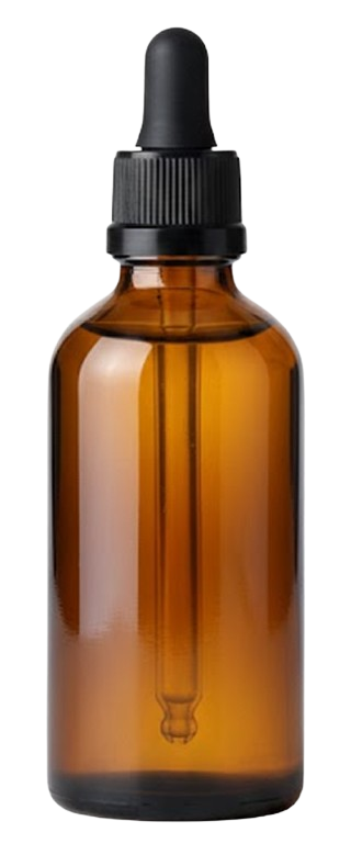 Ældrebrun glasflaske med sort gummidropper og dråbetæller indeni.