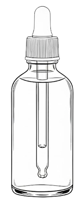 Tegnet flaske med dråbetæller, typisk til serum eller medicinske dråber.