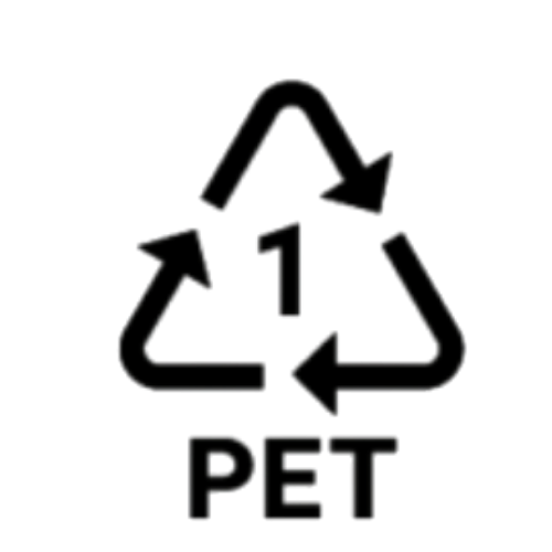 Genbrugssymbol for plastik med nummer 1 og teksten PET.