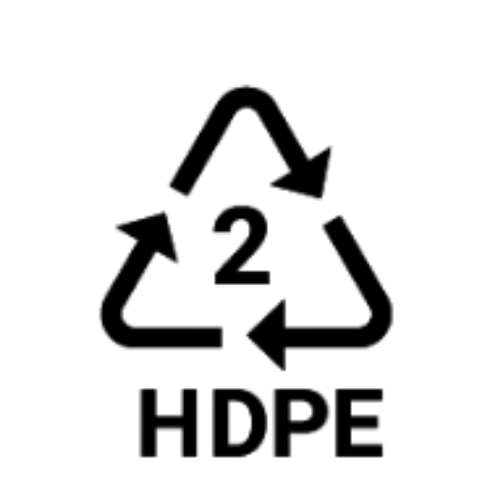 Genbrugssymbolet med pile, der former en trekant, og teksten HDPE nedenunder.