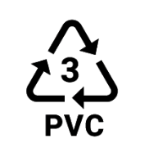 Genbrugssymbol med tre pile og tallet 3 inde i en trekant, med teksten PVC under.