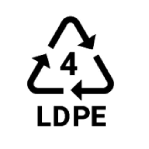 Genbrugssymbol med bogstaverne 'PS-EF' under trekant af pile.