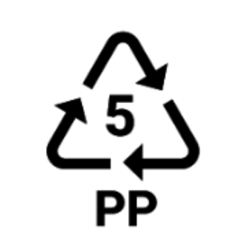 Genbrugssymbolet med tallet 5 og bogstaverne PP, der angiver polypropylen plastmateriale.