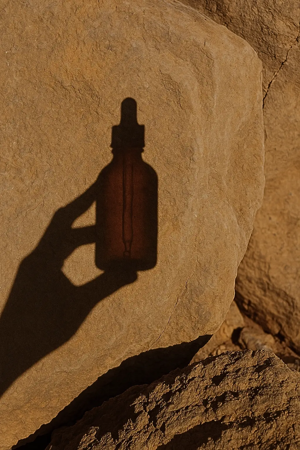 Skygge af en hånd, der holder en dråbeflaske mod en solbelyst sten.
