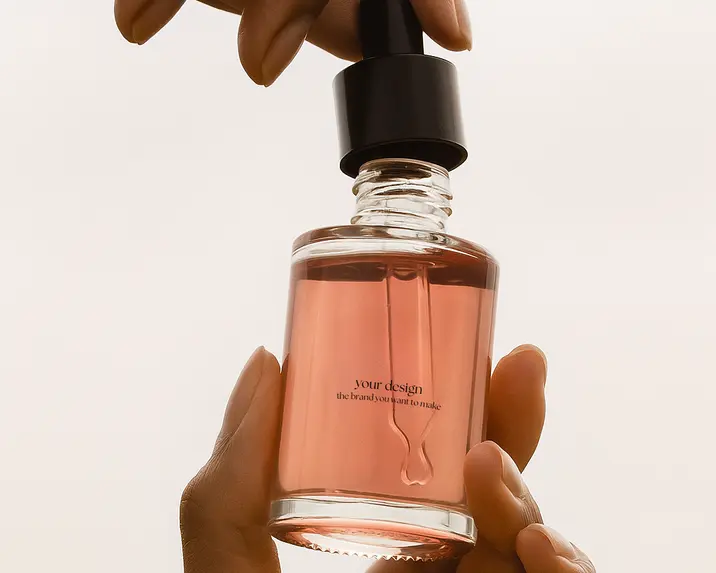 Hænder holder en glasflaske med rosa væske og en pipette.