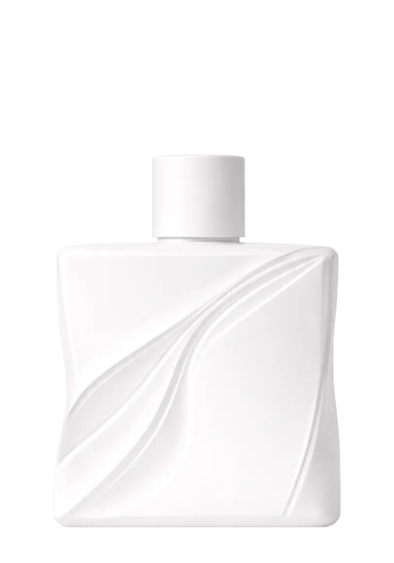 Hvid kosmetisk flaske med enkle, glatte bølgede linjer på fronten.