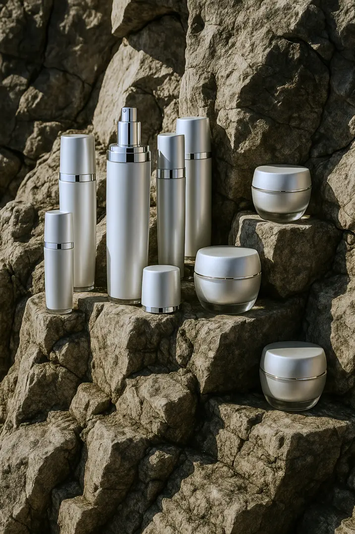 Sæt af sølvfarvede kosmetikflasker og krukker arrangeret på sten.
