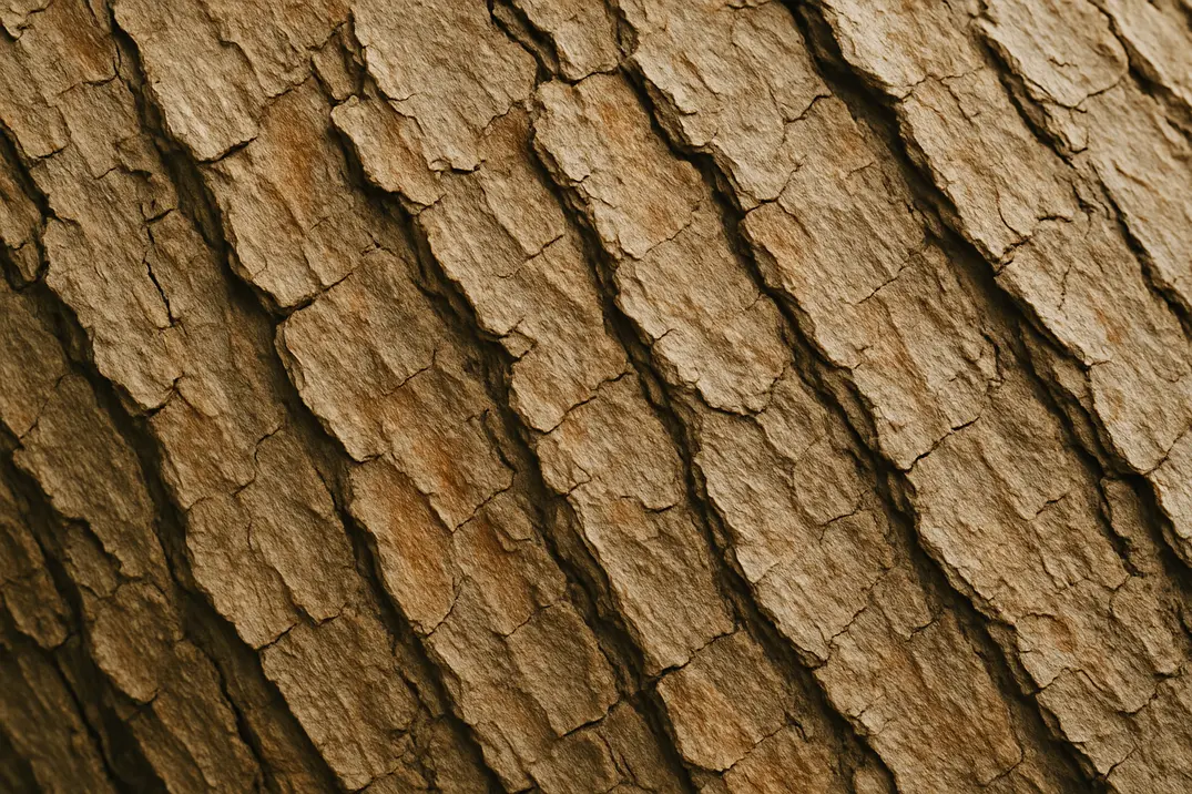 Nærbillede af brun, ru træbark med dybe furer og sprækker.