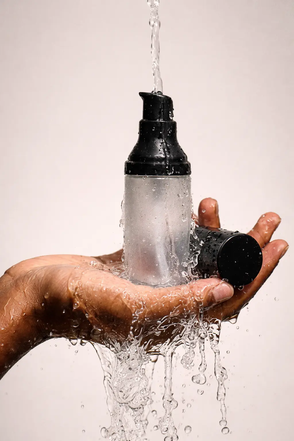 Hånd holder en vandtæt pumpeflaske med vand, der flyder over.