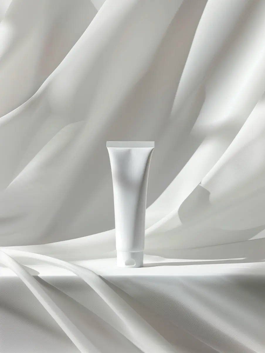 Hvid kosmetisk tube på hvidt stof med bløde folder i baggrunden.