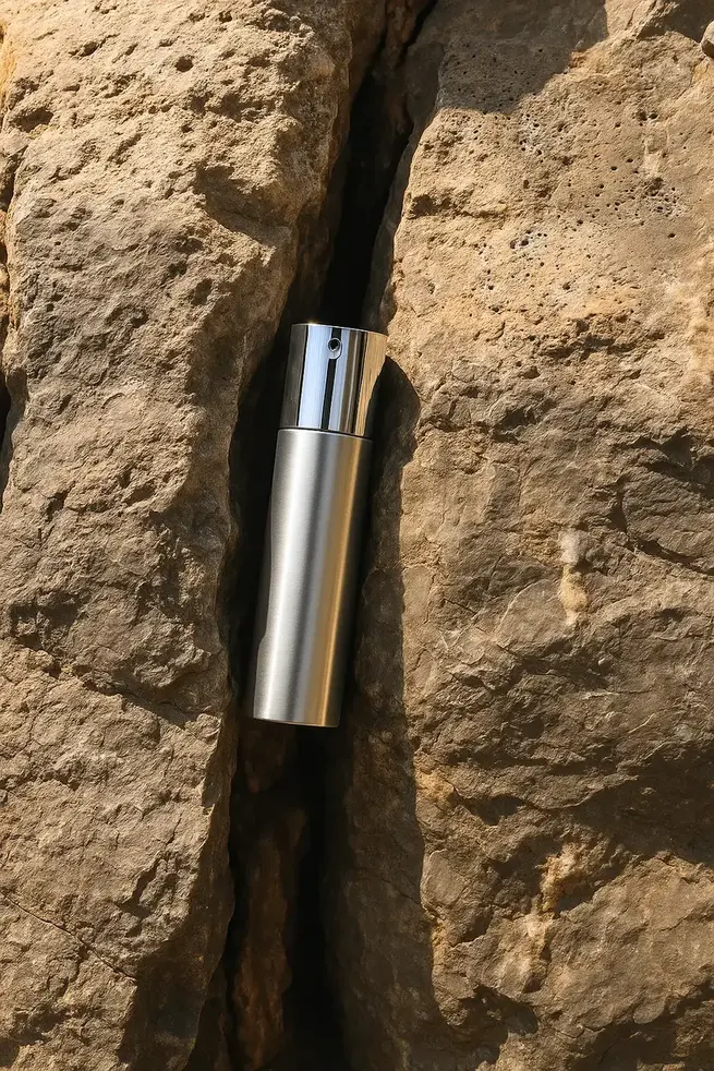 En metalflaske placeret lodret i en smal revne i en ru sten.