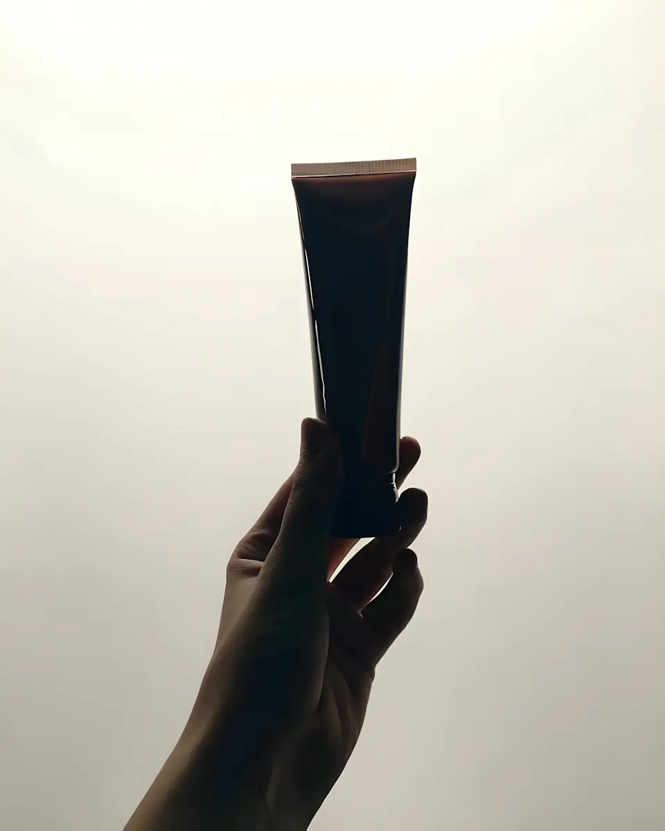 Hånd, der holder en mørk kosmetiktube mod lyst baggrundslys.