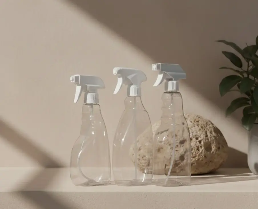 Tre tomme, klare sprayflasker med hvide sprøjtehoveder placeret på en beige overflade med en dekorativ sten og plante i baggrunden.