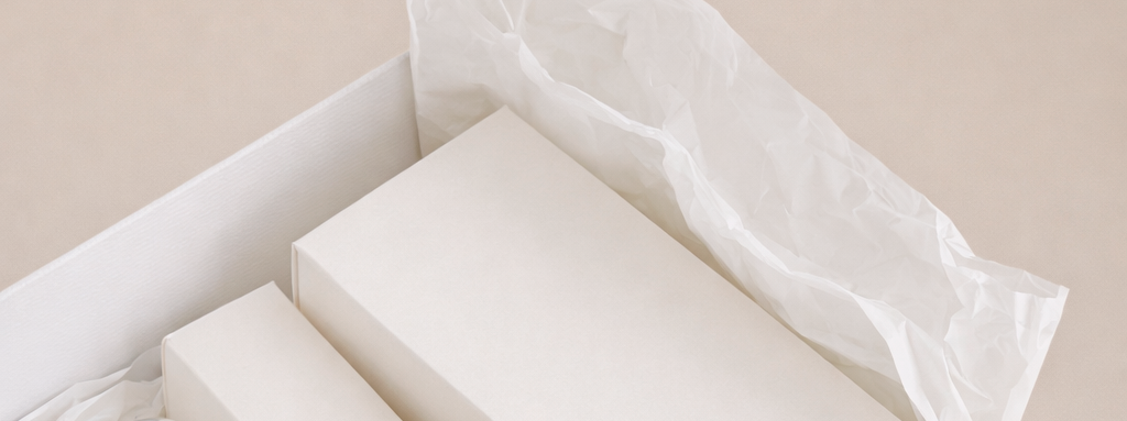 Gaveæske med to hvide papæsker og silkepapir på beige baggrund.