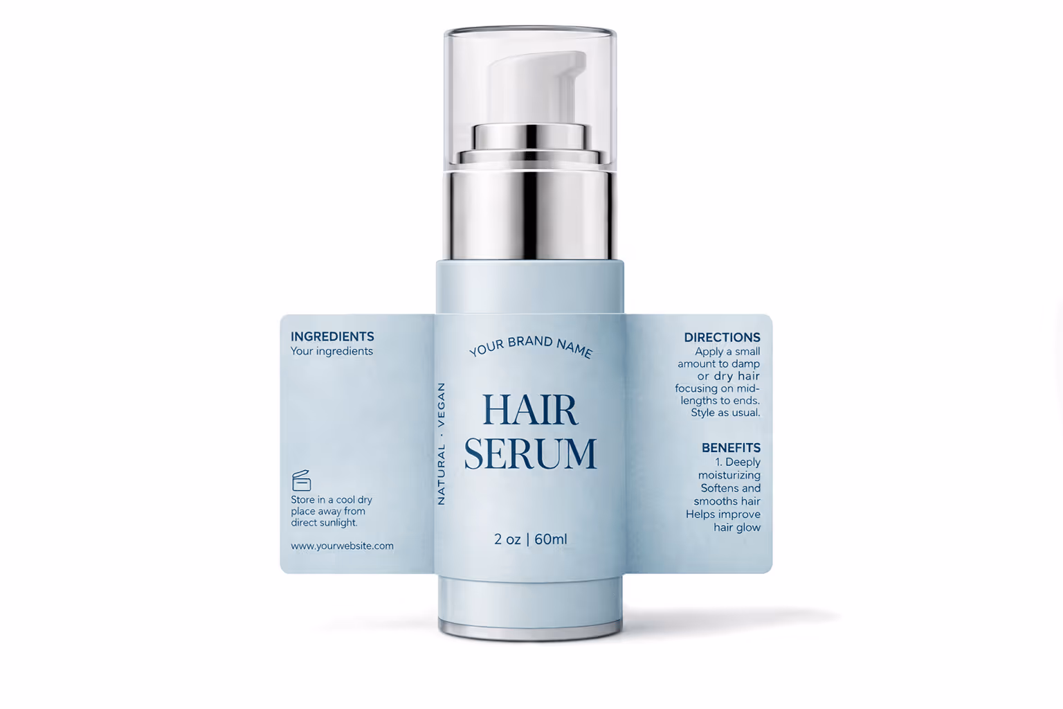 Flaske med hårserum med luftpumpe og åben etiket der viser ingredienser, anvendelse og fordele.