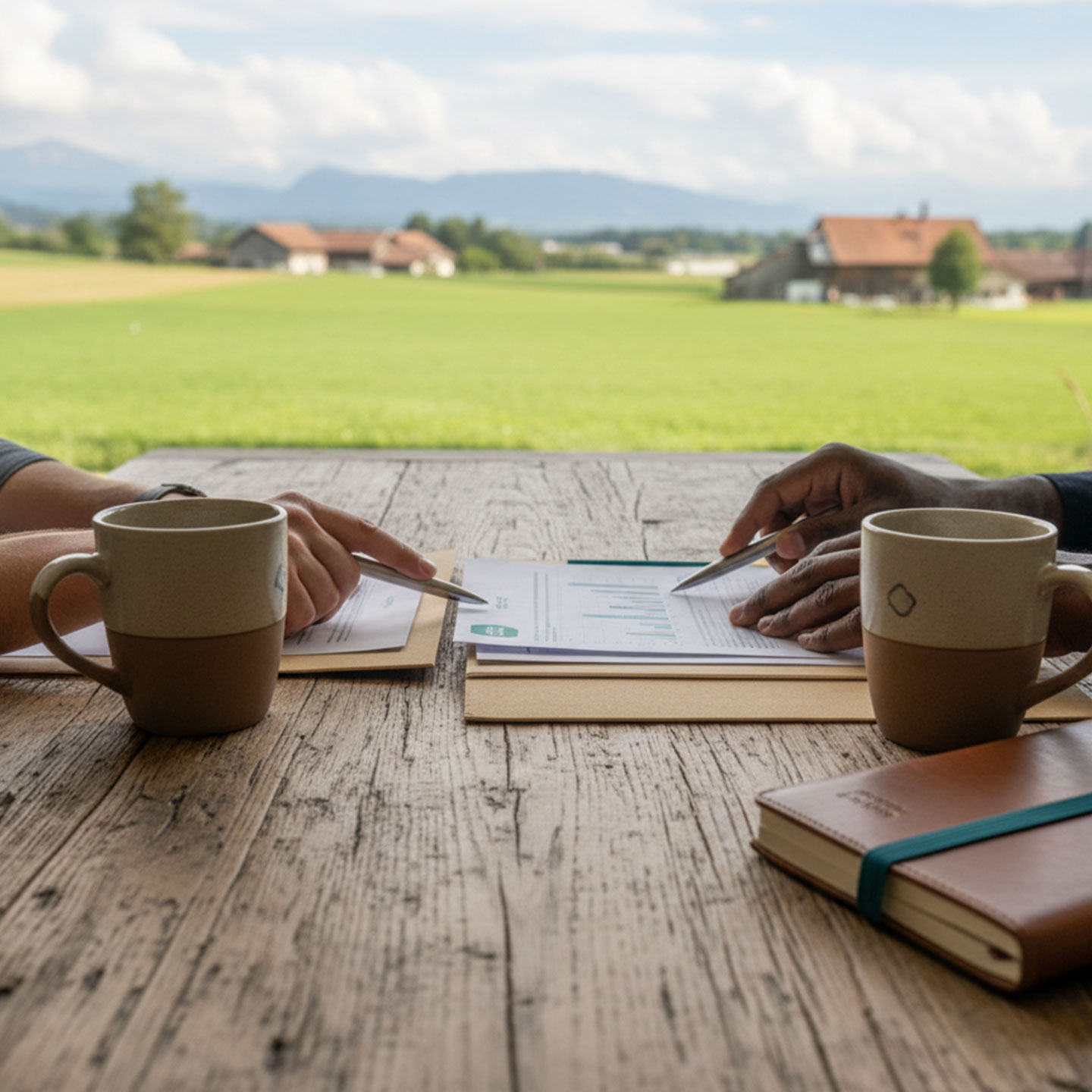Hände von zwei Menschen die an einem Tisch sitzen und diskutieren.