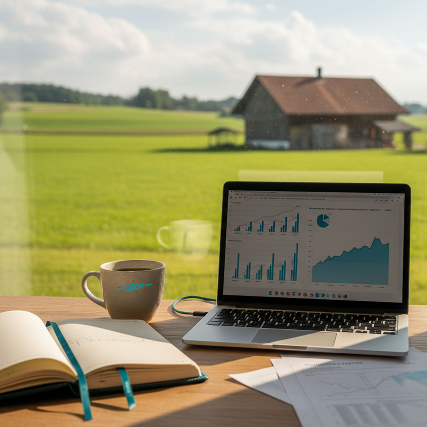 Foto ein offener Laptop mit Statistiken steht auf einem Tisch mit Ausblick in die Natur