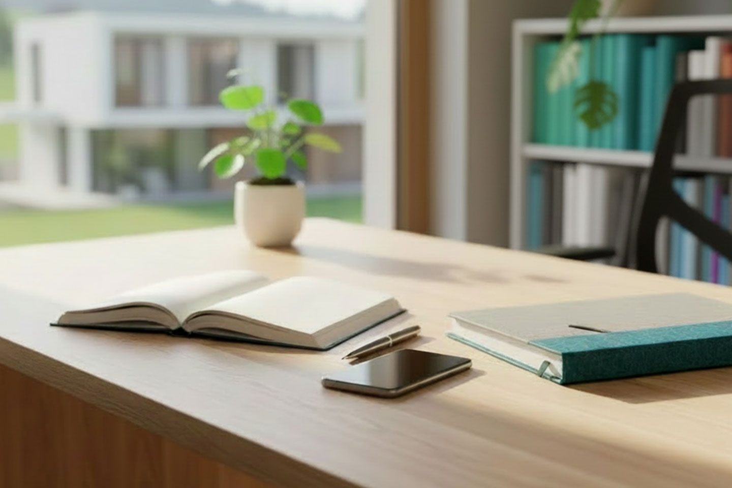 Foto eines Smartphones das auf einem modernen Bürotisch liegt