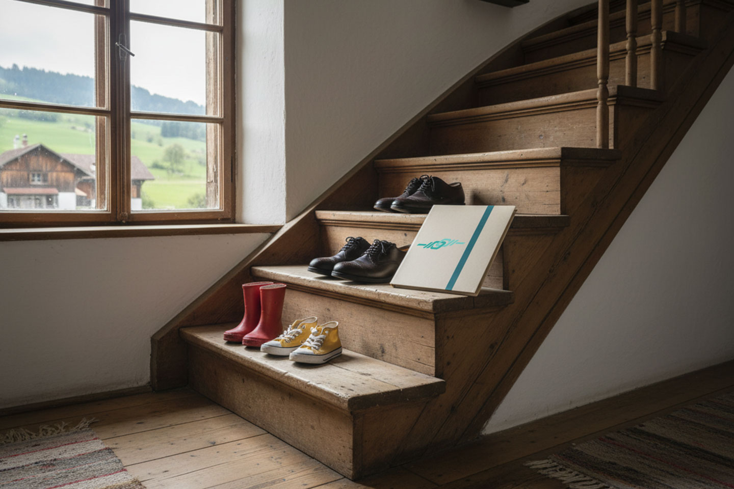 Foto einer Treppe mit Schuhen der ganzen Familie. Auf der Treppe steht ein Dossier von Competenza