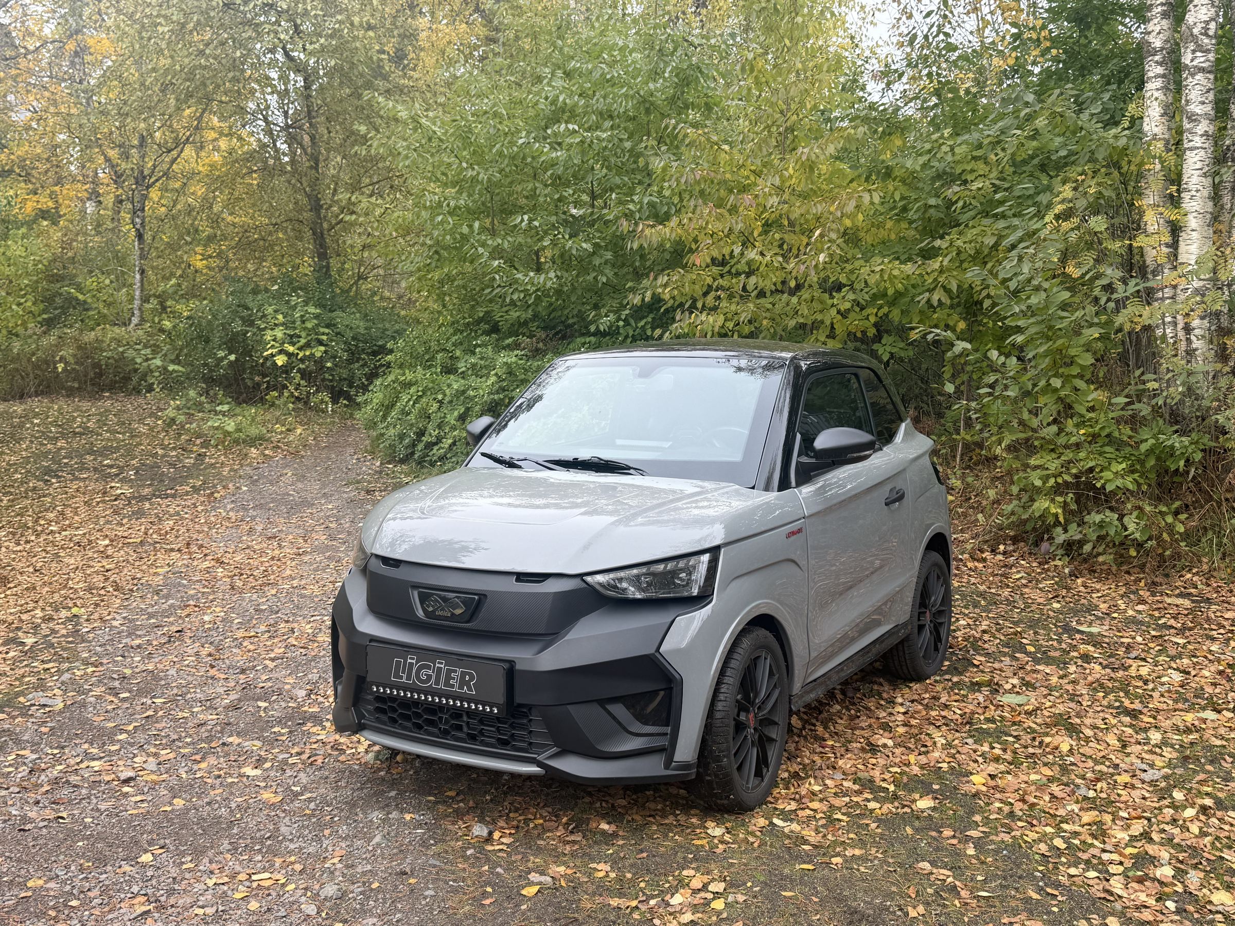 Grå Ligier JS50 EV på en sti dekket av høstløv