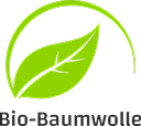 Grünes Icon mit einem stilisierten Blatt und einem halbkreisförmigen Bogen sowie dem Text ‚Bio-Baumwolle‘ darunter.