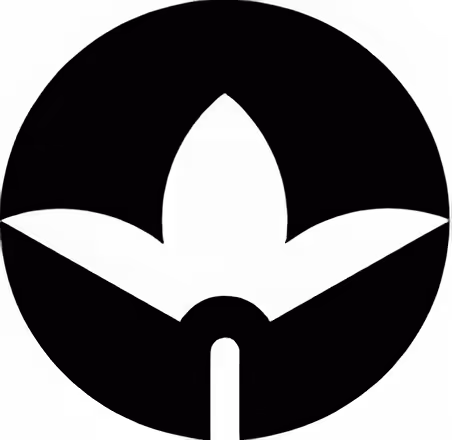 Black circular emblem with a stylized light bulb shape and a horizontal line across it.