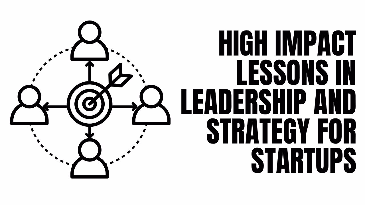 Diagram of four people icons connected to a central target with an arrow hitting the bullseye, next to text reading 'High impact lessons in leadership and strategy for startups.'