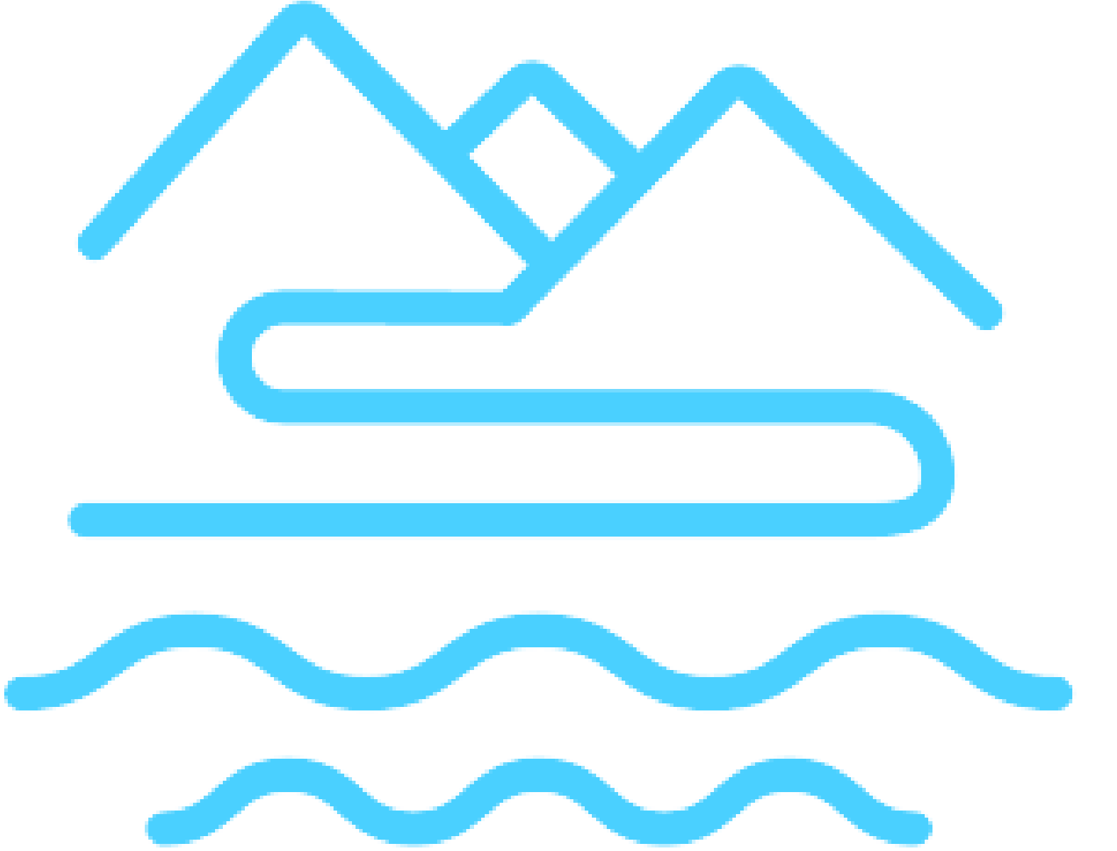 Ein blaues Icon mit drei Bergspitzen über zwei Wellenlinien, die Wasser darstellen.