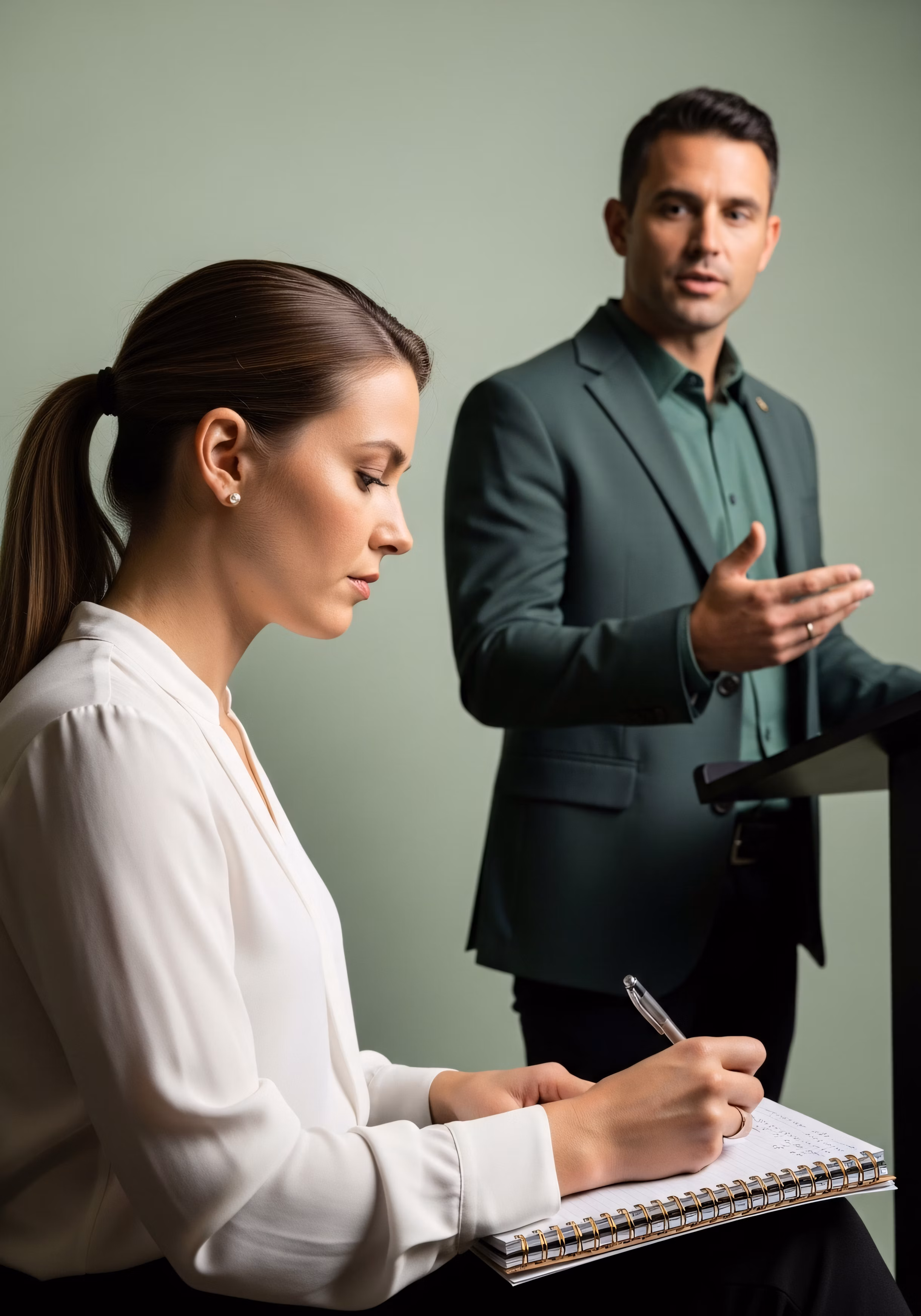 a business woman taking notes and a man talking