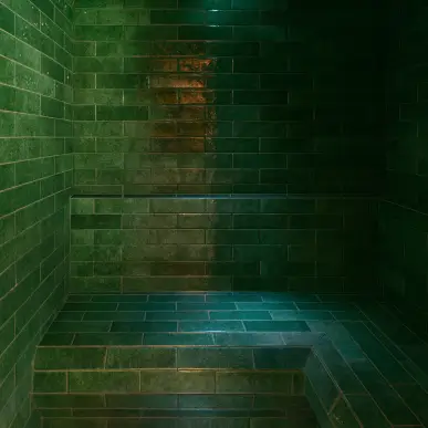 Intérieur d'un sauna avec des murs et bancs en carreaux verts foncés, éclairage tamisé.