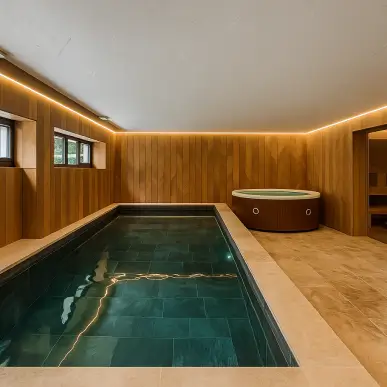 Piscine intérieure rectangulaire avec carrelage bleu, mur en bois et bain à remous circulaire sur le côté.