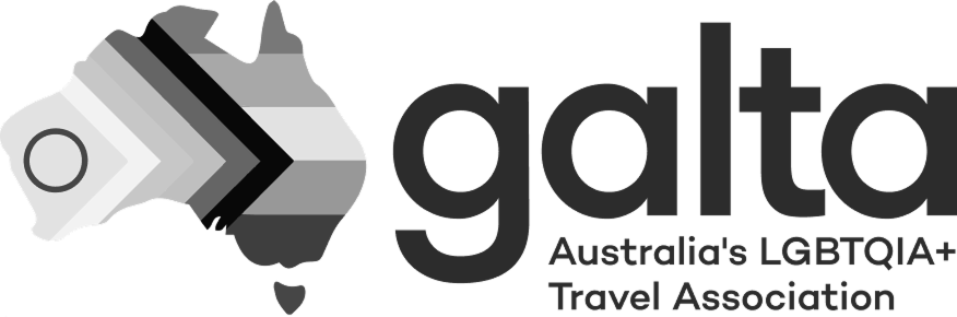 Logo of Galta, Australia's LGBTQIA+ Travel Association, featuring a stylized map of Australia with pride flag colors and a heart below.