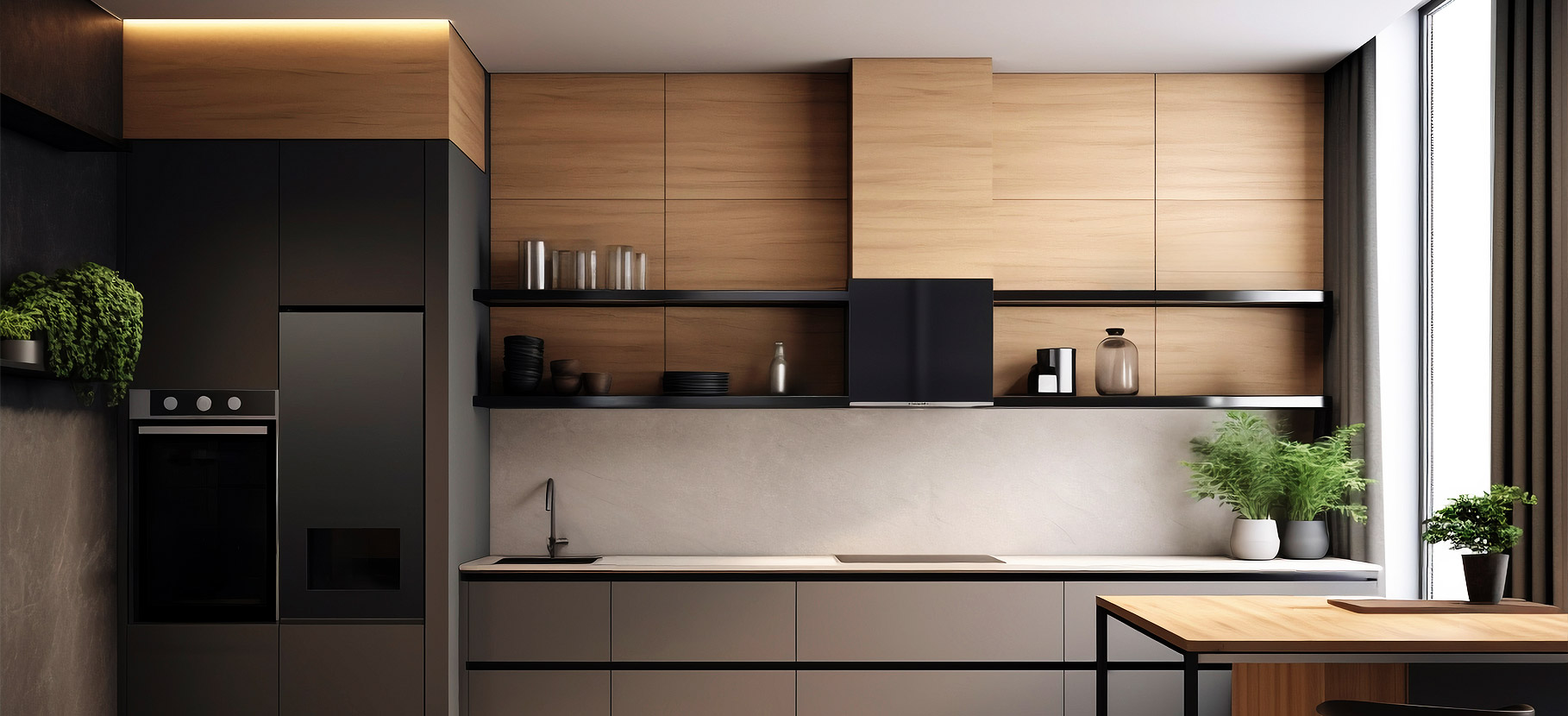 Modern kitchen with black and wood cabinetry, built-in oven, sink, cooktop, and green potted plants near a large window.