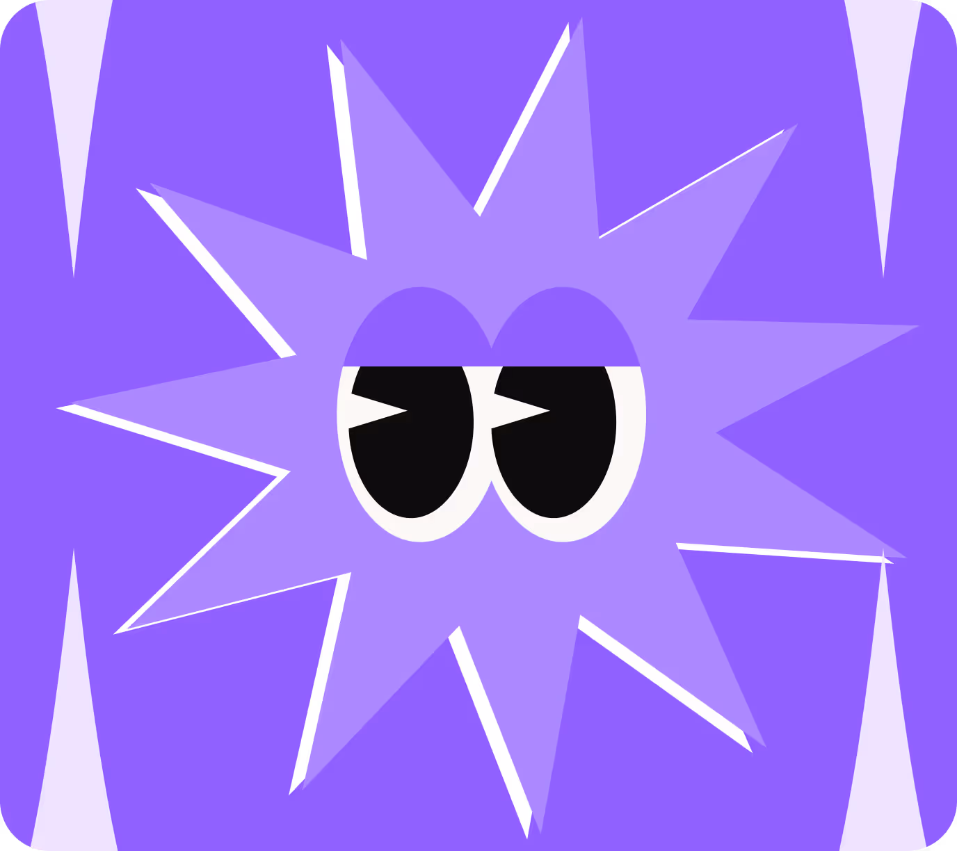 Abstract purple spiky shape with two large black and white eyes looking to the side.