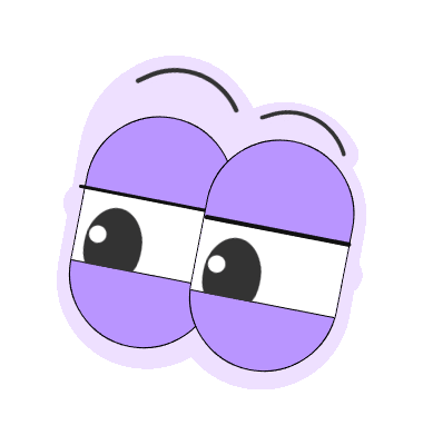 Cartoon illustration of two large purple eyes with black pupils looking sideways on a light purple background shape.
