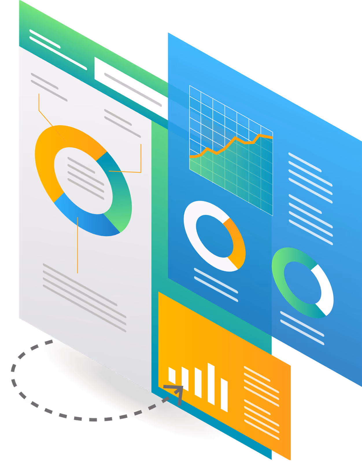 3D illustration of multiple overlapping data dashboard screens showing colorful pie charts, a line graph, and a bar chart.