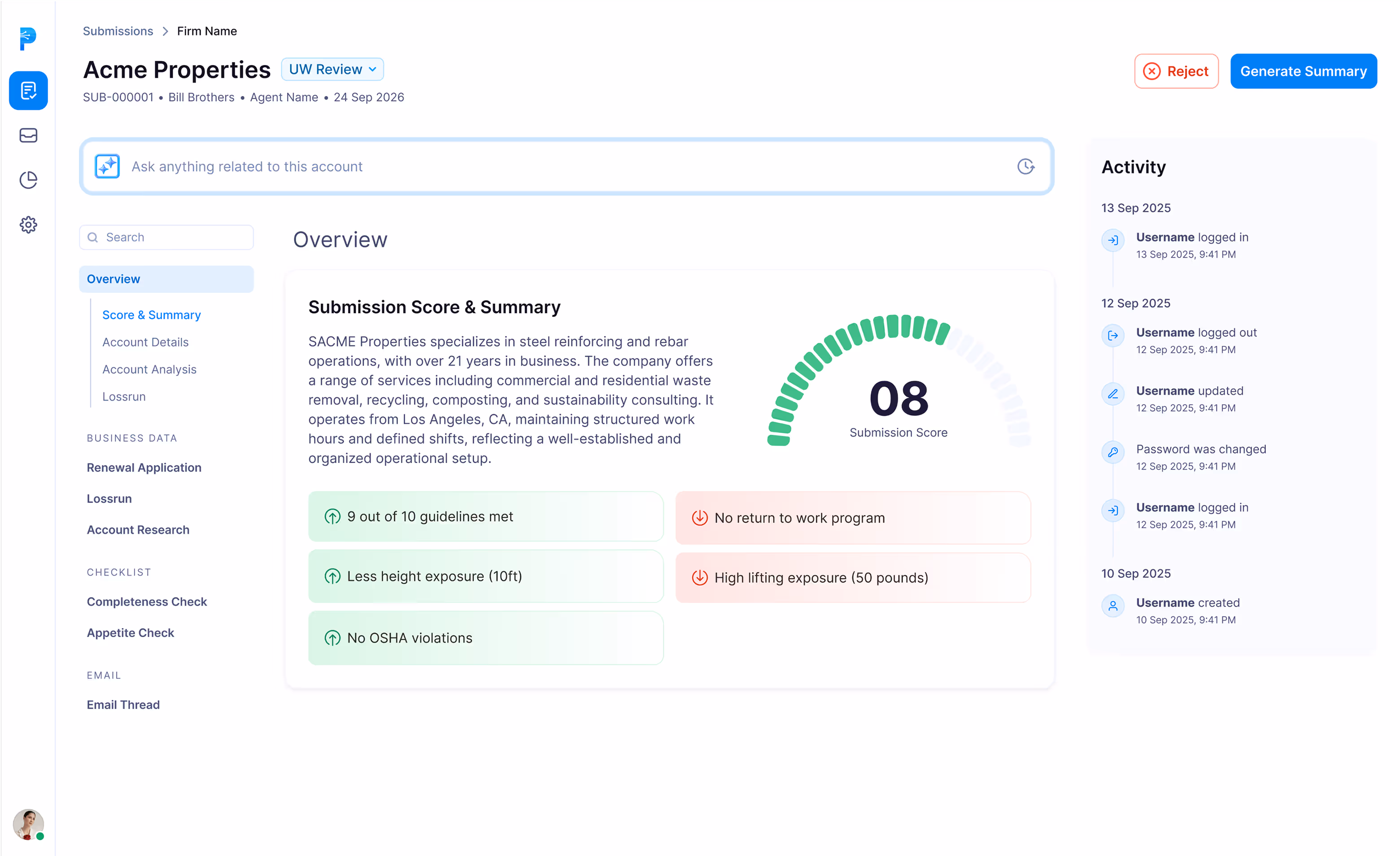 Dashboard showing Acme Properties submission score of 8, summary of business operations, checklist with safety guidelines met and issues, and recent user activity log.