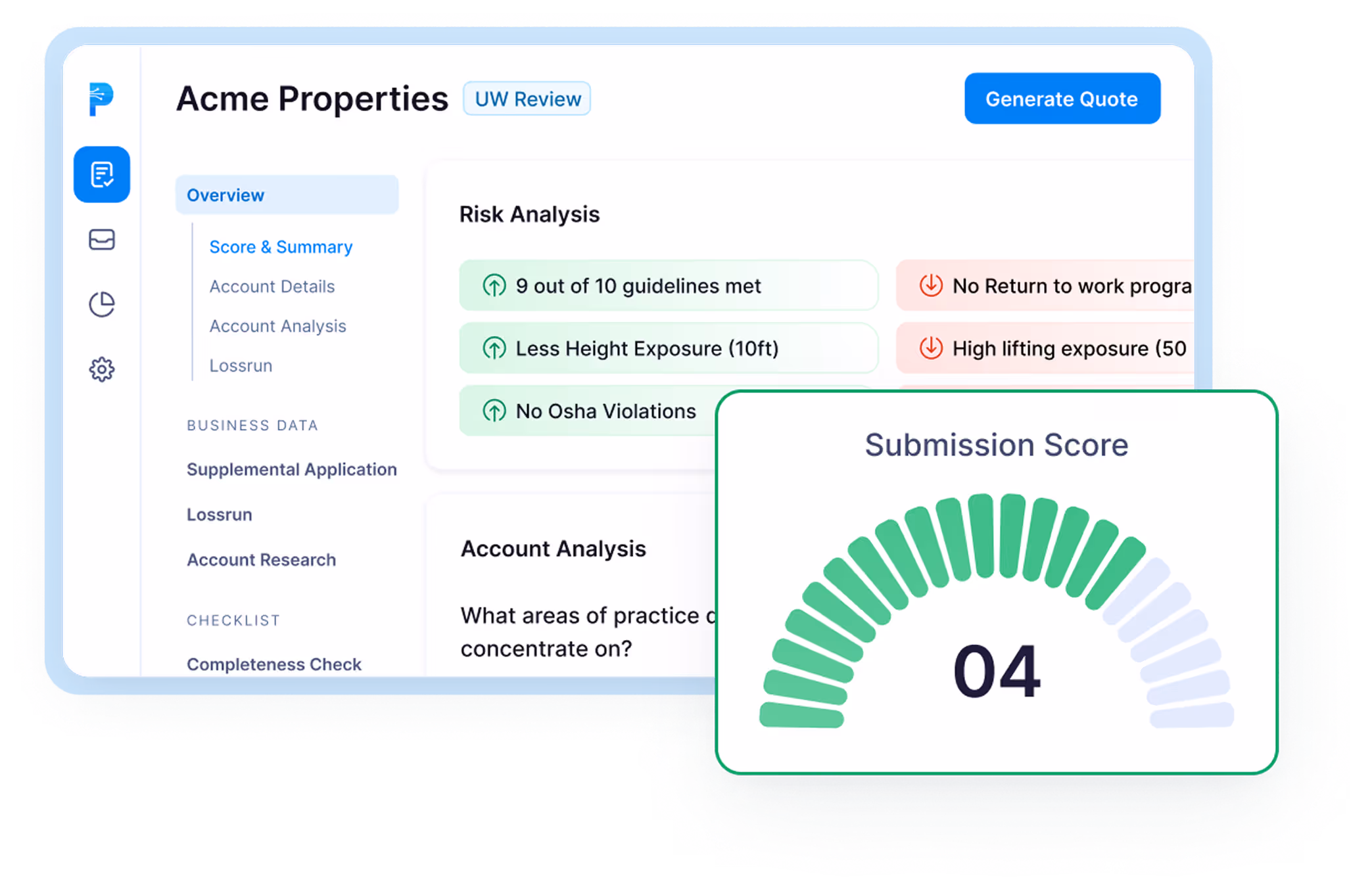 Unify disparate points into useful information
Centralise summaries, account research, and risk signals into a single view.