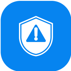 White shield with an exclamation mark inside a triangle on a blue rounded square background.