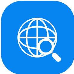 White globe with magnifying glass icon on blue rounded square background representing research or web search.