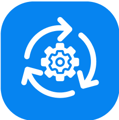 Icon of three white circular arrows surrounding a gear on a blue rounded square background, representing workflow or process automation.