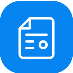 White document icon with lines and a circle on a blue rounded square background.